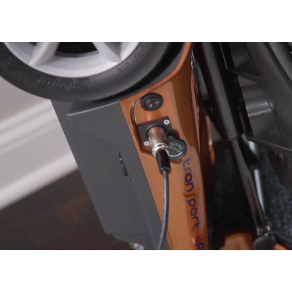 Charging Port View of EV-Rider Transport 4AF Folding Lightweight Travel Mobility Scooter