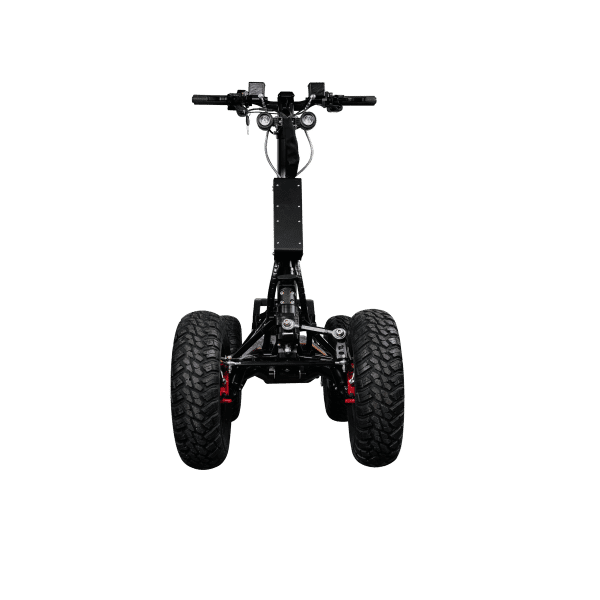 A head-on view of a black all-terrain electric scooter with four rugged tires and red suspension components. The scooter has handlebars with dual headlights mounted in the front and a sturdy frame designed for rough terrains.