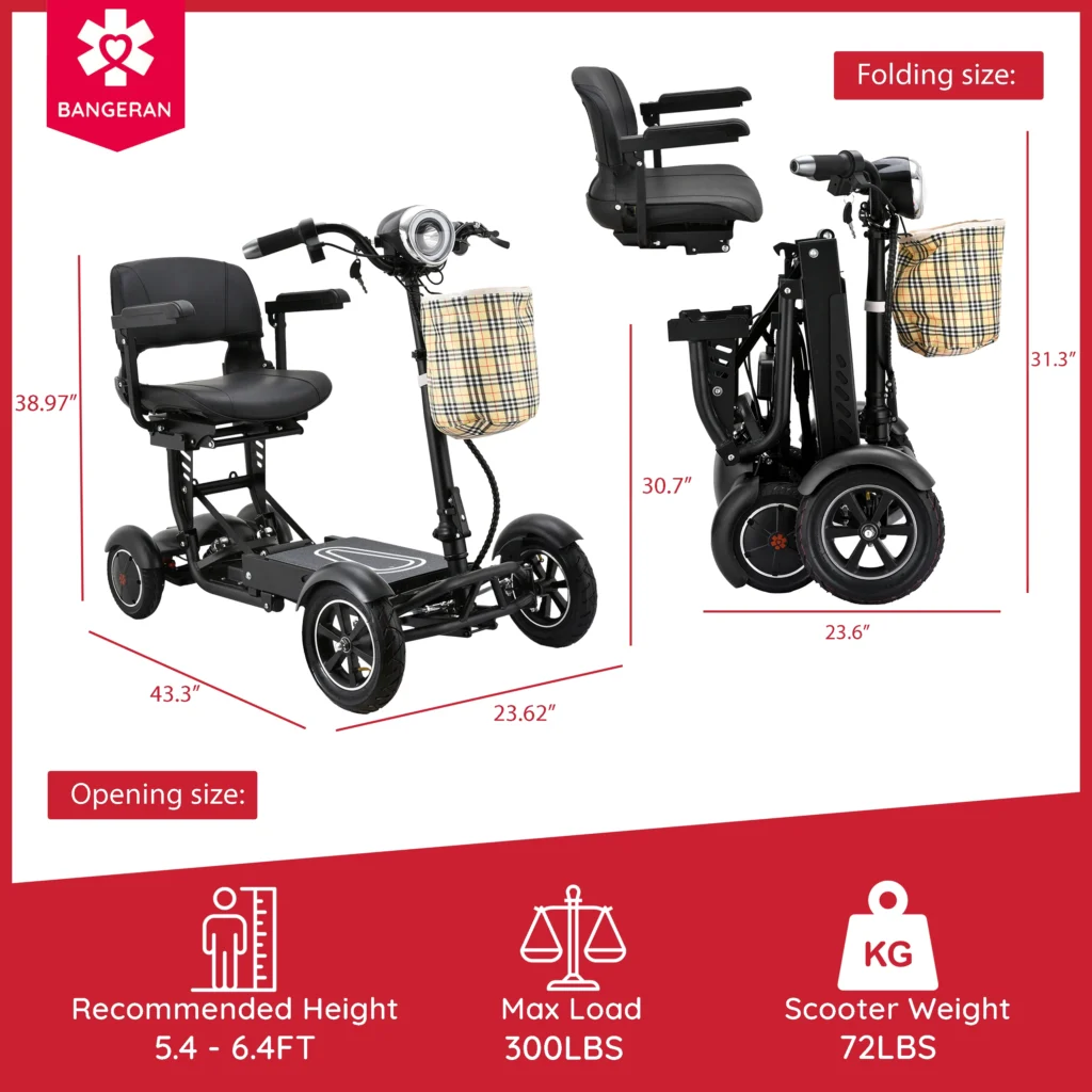 Bangeran Dragon Mobile EX scooter showing dimensions: 43.3” x 23.6” when open and 31.3” x 23.6” when folded. The scooter weighs 72lbs and supports up to 300lbs, ideal for users between 5.4 to 6.4 feet tall.