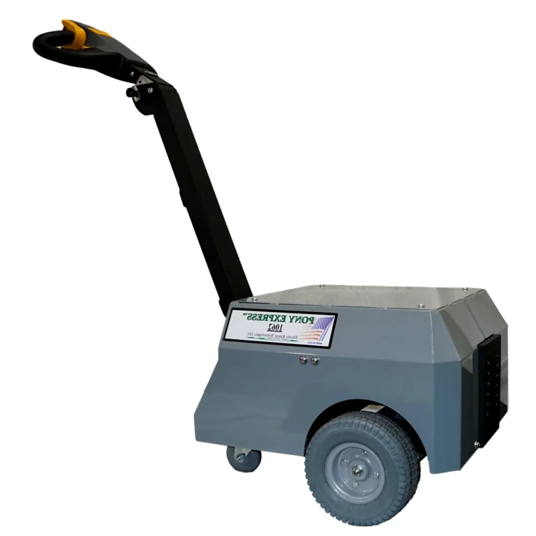 Pony express 1062 electric powered tugger with control handle extended and front caster wheels visible
