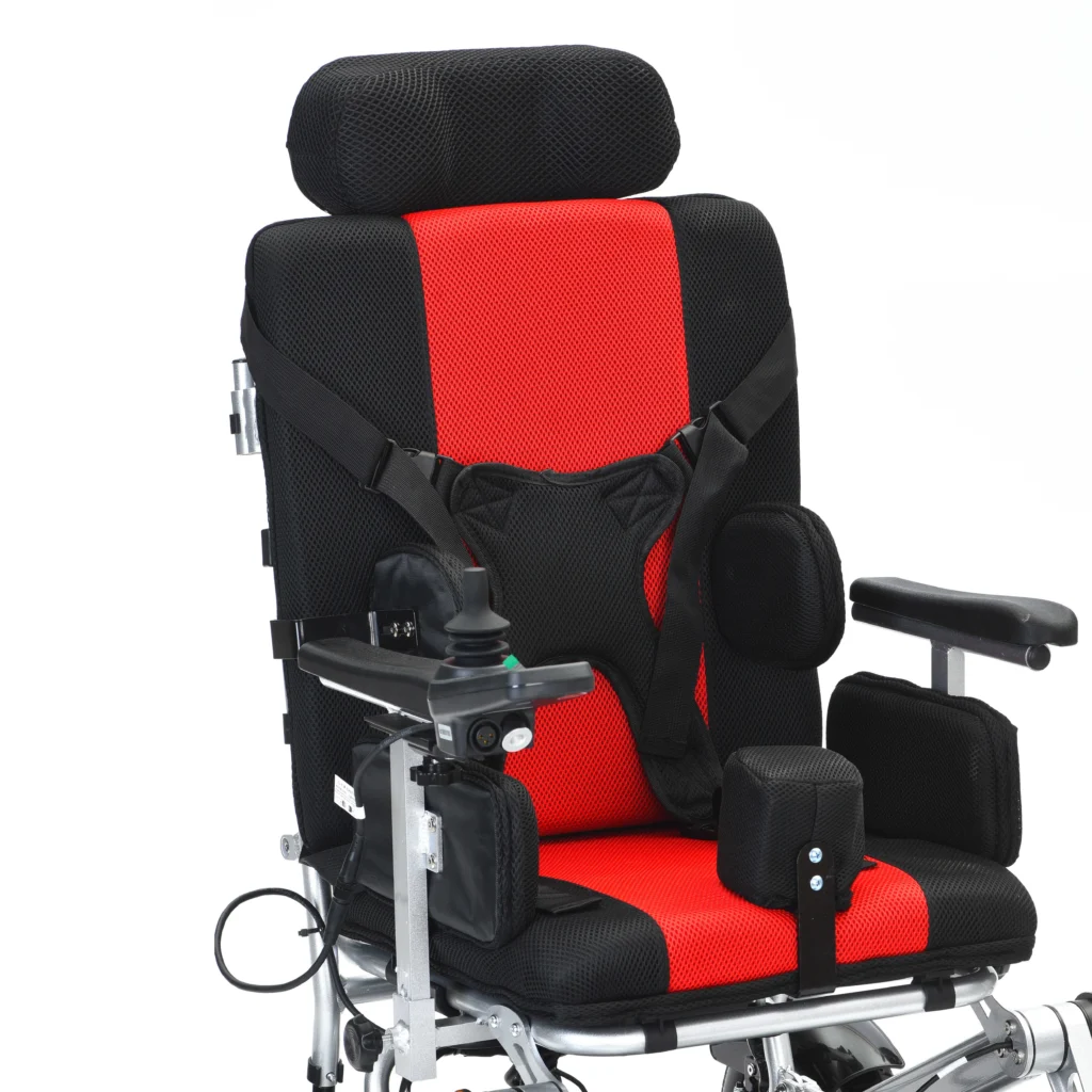 Close up of seat and joystick on Bangeran Pegasus Cerebral Palsy wheelchair with black and red padding.